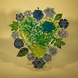 Blue and Green Succulent Heart wall piece, 4" x 5"