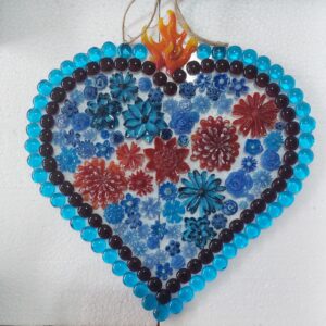 Blue Flaming Succulent Heart wall piece, 11" x 11"