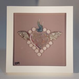 Lavender Dichroic Flaming Heart, framed 8" x 8"