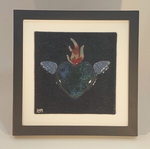 Indigo Flaming Heart - 8" x 8" framed - $140