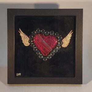 Red Flaming Heart on black - 6" x 6" framed - $100