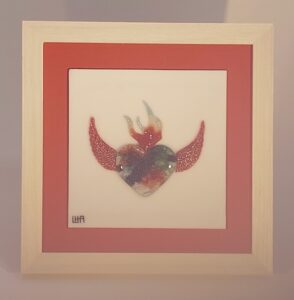 Red Flaming Heart - 8" x 8" framed - $140